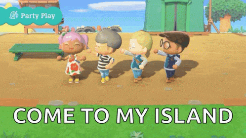 a group of animal crossing characters are standing next to each other with the words come to my island below them