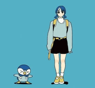 a girl with blue hair is standing next to a penguin