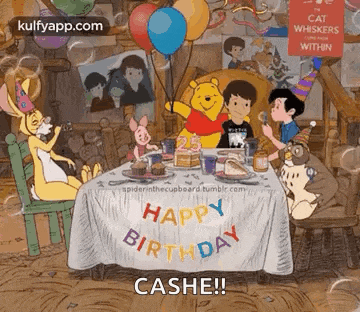 a group of winnie the pooh characters are sitting at a table with balloons and cakes .