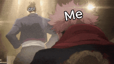 a man with a bun on his head is standing next to another man with pink hair and the words me on the bottom