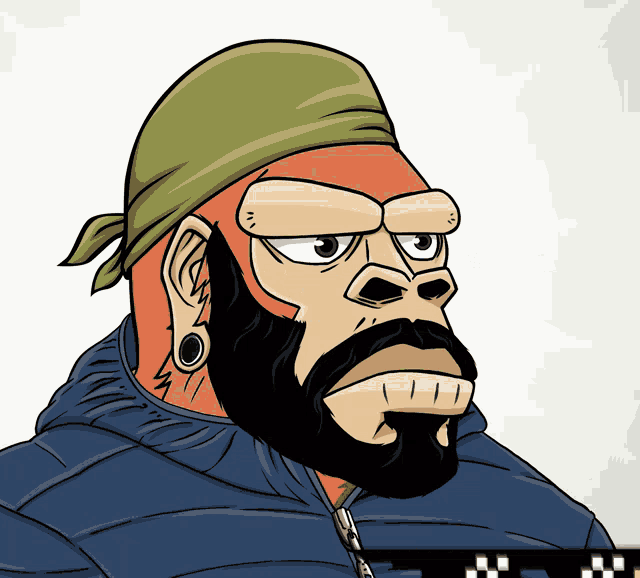 a cartoon drawing of a man with a beard wearing sunglasses and a bandana