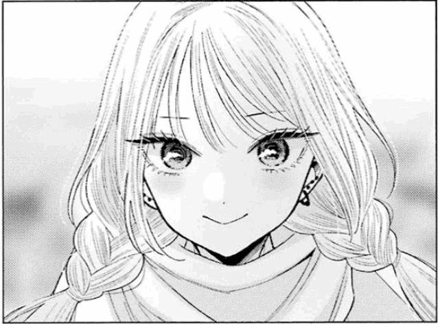 a black and white drawing of a girl with braids and a smile on her face .