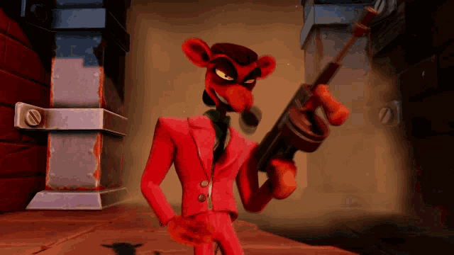 a cartoon character in a red suit and tie holding a gun