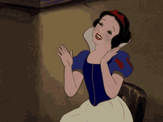 a cartoon of snow white is smiling and waving at the camera