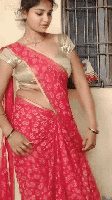 a woman is wearing a red saree and a silver blouse .