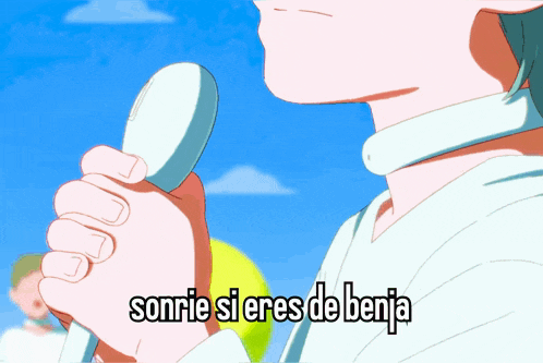 a cartoon of a girl with a flower in her hair and the words sonrie si eres de benja below her