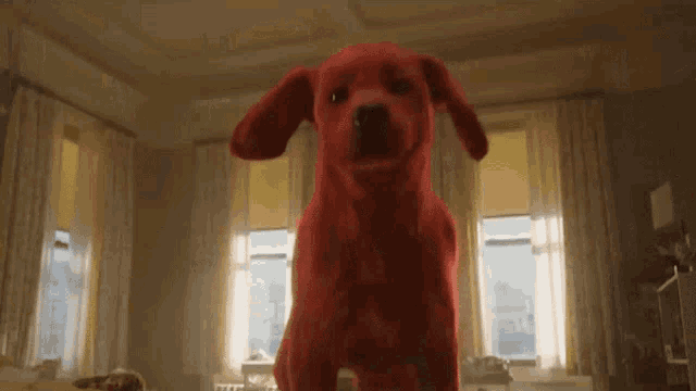 a red stuffed dog is standing in a living room .