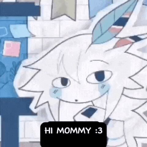 a cartoon drawing of a white rabbit with a blue feather on its head and a sticker that says `` hi mommy ''
