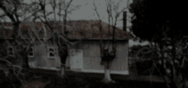 a house sits on top of a hill with trees in front of it