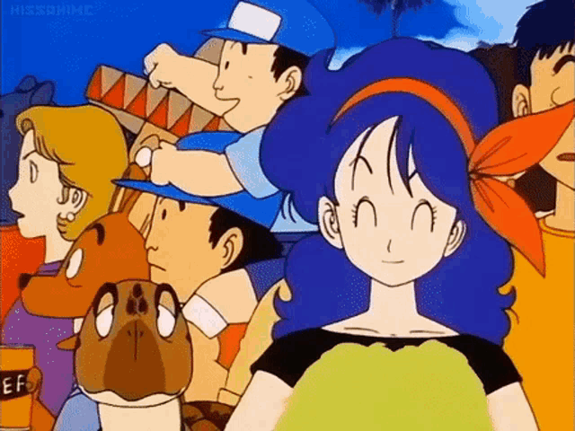 a group of cartoon characters are standing next to each other in a crowd .