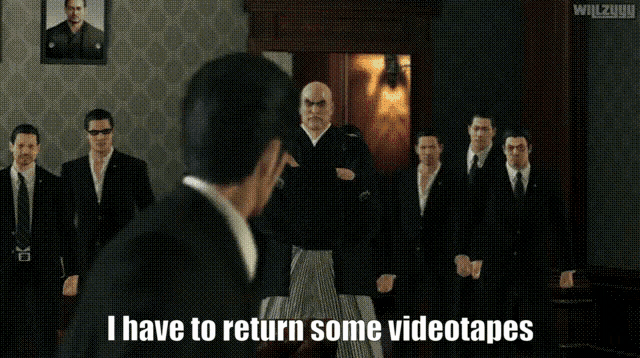 a group of men are standing in a room with the words i have to return some videotapes written on the bottom