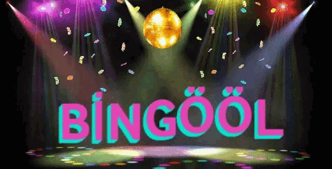a stage with a disco ball and the word bingool on it