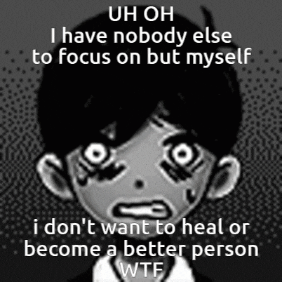 a black and white cartoon of a boy with a caption that says uh oh i have nobody else to focus on but myself