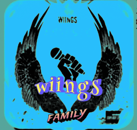 a wings family logo with a microphone and wings