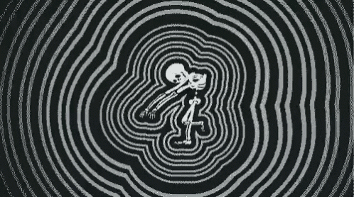 a skeleton is dancing in a hypnotic spiral on a black and white background .