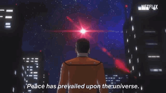 a man stands in front of a star with the words peace has prevailed upon the universe written below him