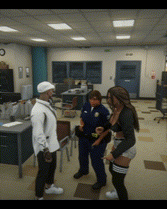 a man and two women are standing in a room with a police officer
