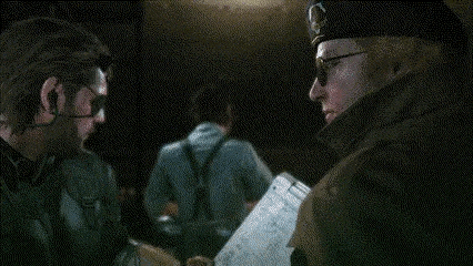 a man in a military uniform is talking to another man in a video game while holding a map .