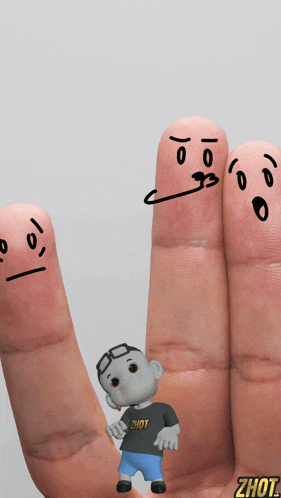 a hand with three fingers painted with faces and a cartoon character wearing a shirt that says shot