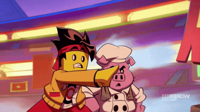 a cartoon of a pig and a man with the word now on the bottom left