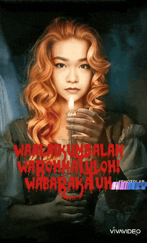 a painting of a woman holding a candle with the words wabarakauh written in red