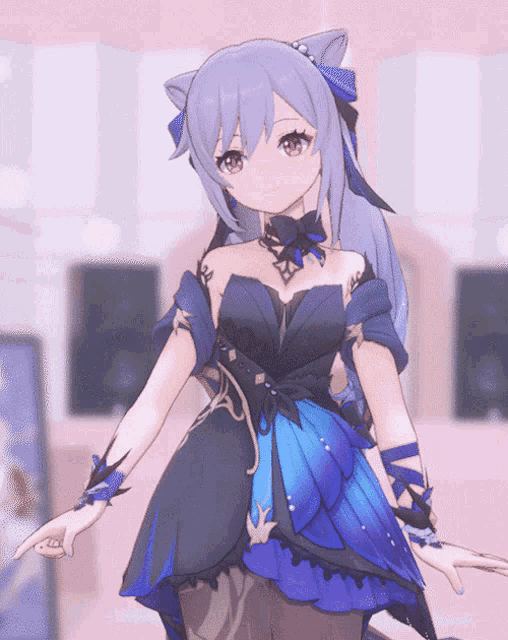 a purple haired anime girl in a blue dress
