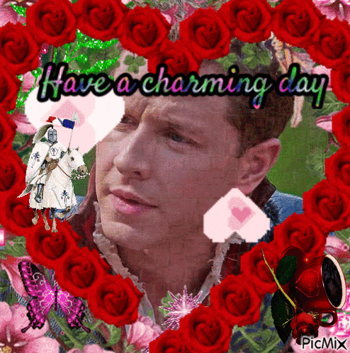 a picture of a man with a knight on a horse and the words have a charming day on the bottom