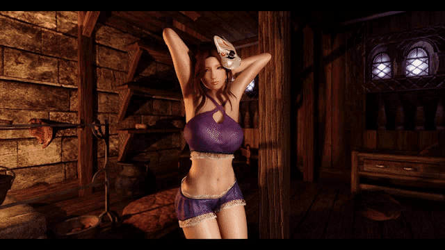 a woman in a purple top and shorts is standing in a dark room
