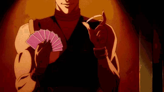 a man in a suit is holding a fan and a cigarette .