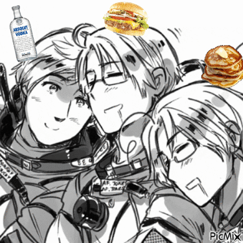 a bottle of absolut vodka sits on a table next to a hamburger and pancakes