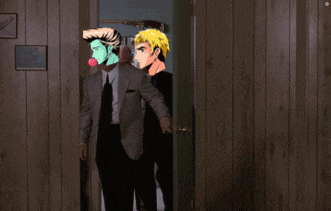 a man in a suit and tie with a green face blowing a pink bubble gum