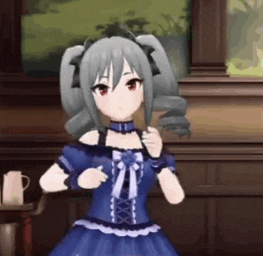 a girl in a blue dress is standing in front of a window in a room in a video game .