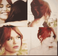 a collage of four pictures of a woman 's face with red hair