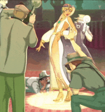 a woman in a white dress is being photographed by a man in a green hat