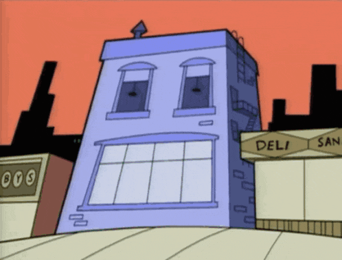 a cartoon drawing of a building with a deli on the side