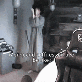 a person covering their face with their hands in a room with the words moi quand ceffi est en live be like