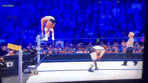 a wrestling match is being shown on a television screen with the words smackdown on the bottom