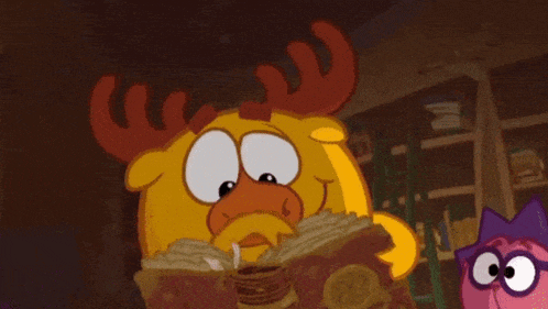 a cartoon moose with antlers is reading a book .