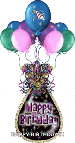 a happy birthday card with balloons and confetti