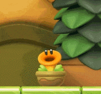 a cartoon plant in a pot with its mouth open is standing next to a tree .