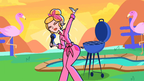 a cartoon of a woman singing with flamingos in the background