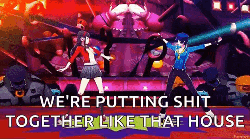 a man and a woman are dancing together in a video game and they are putting shit together like that house .