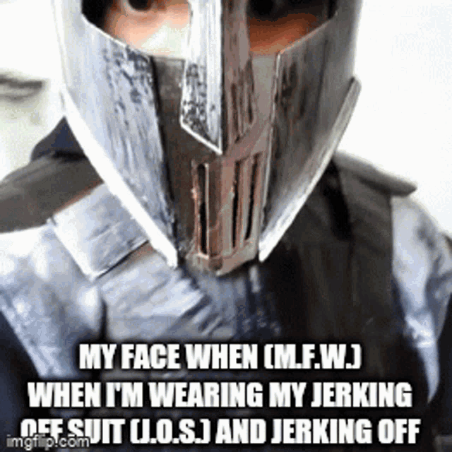 a man wearing a knight 's helmet with a caption on it