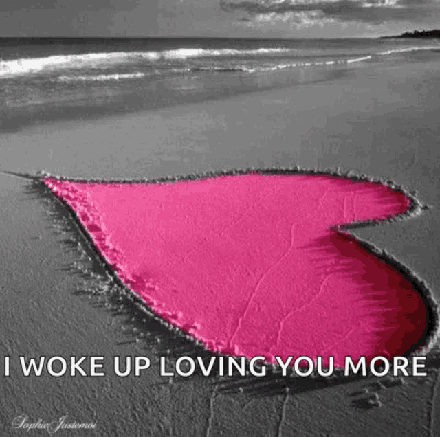a pink heart is drawn in the sand on the beach .