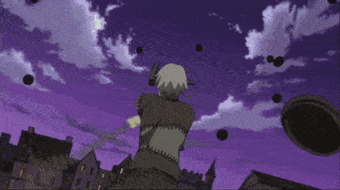 a purple sky with a few clouds and a person holding a hat