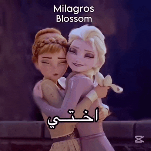 a picture of elsa and anna hugging with the words milagros blossom written above them