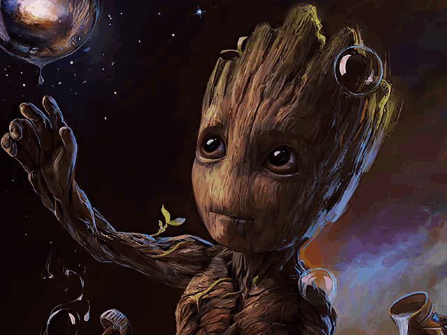 a painting of a baby groot reaching for a bubble