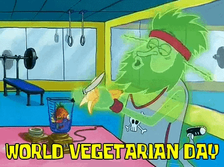 a cartoon of a man in a gym with the words world vegetarian day below him