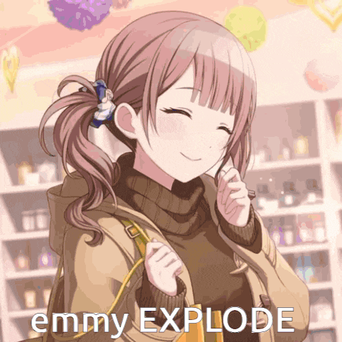 a girl with a ponytail is smiling with the words emmy explode behind her