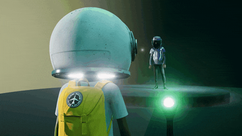 a person wearing a helmet and a yellow backpack with a sticker that says ' space ' on it